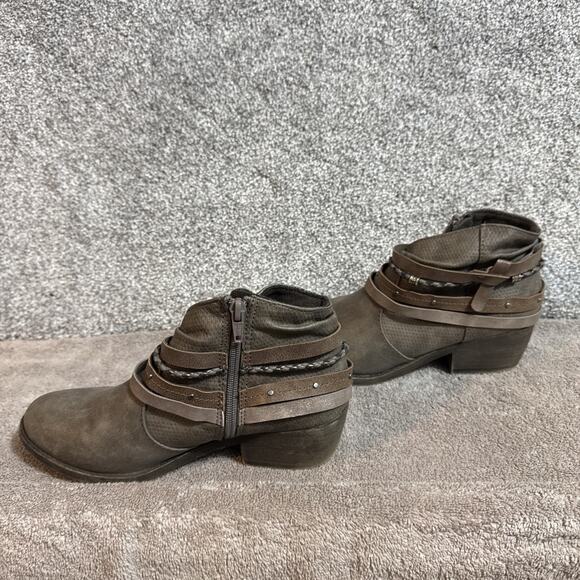 Retro Y2K SO Ankle Boots Womens 8 Boho Western Biker Braided Strap Faux Leather - Picture 2 of 11